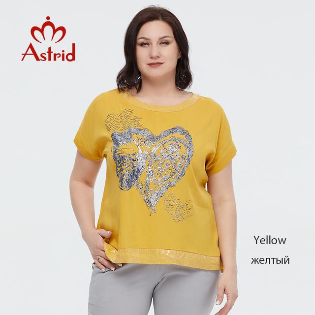 Летняя женская футболка Astrid, новинка 2023 года, хлопково-льняной топ, футболка большого размера с короткими рукавами, модная женская одежда с принтом и пайетками