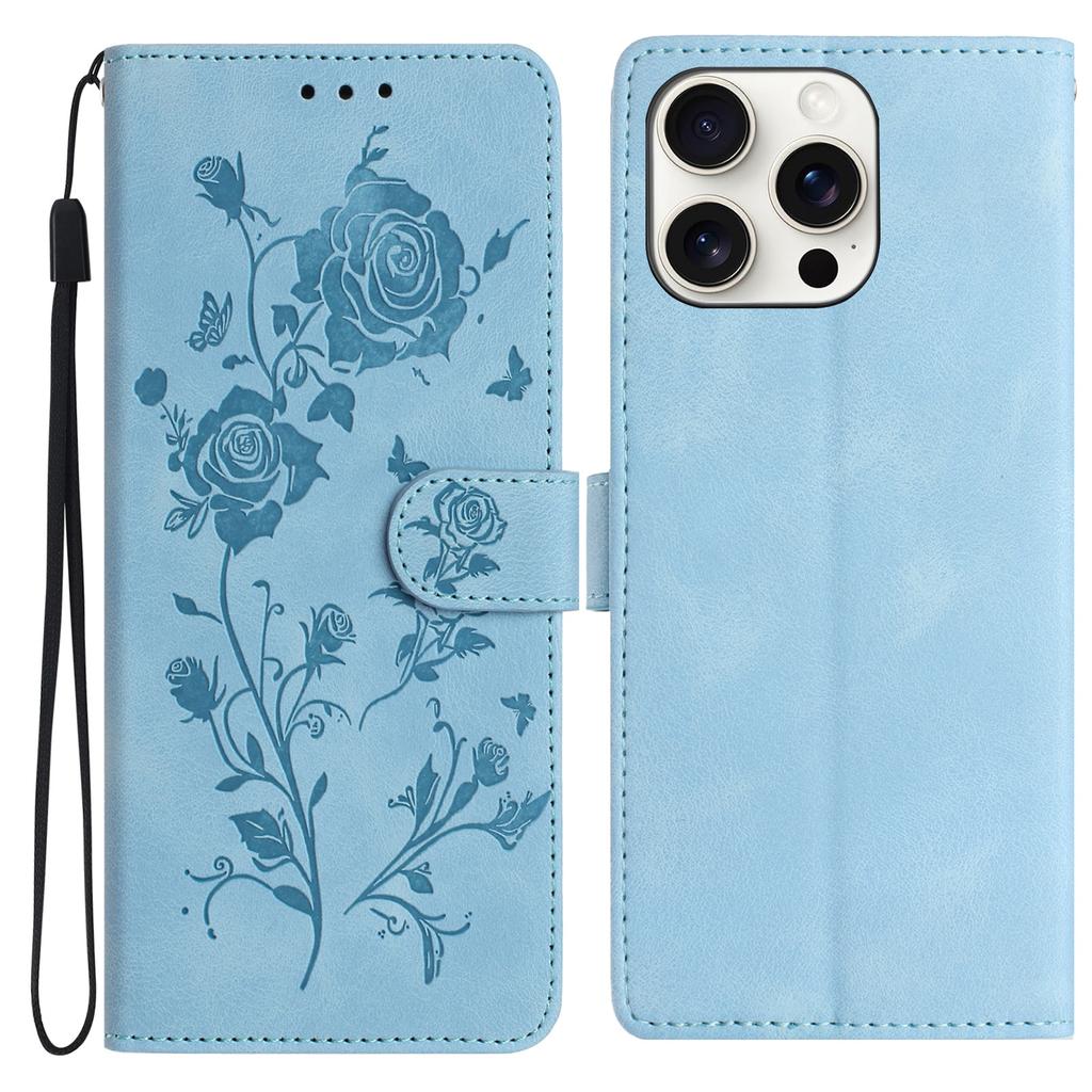 For iPhone 16 Pro Max Wallet Case Rose Pattern Imprinted Leather Flip Stand Phone Cover