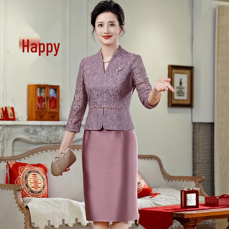 Элегантный фиолетовый комплект из двух предметов для свекрови на свадьбу 2025 - Модный, стройнящий комплект-платье с выгодно подчеркивающим фигуру дизайном