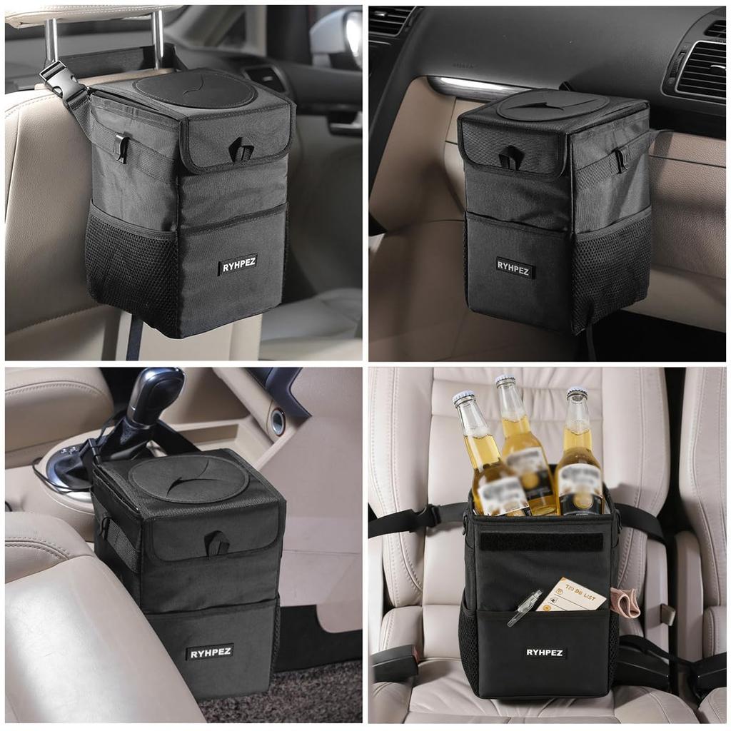Ryhpez Car Trash Can With Lid - Leakproof Trash Bin Car Garbage Can, Collapsible Automotive Truck Organizer And Storage Bag Car Accessories For Women