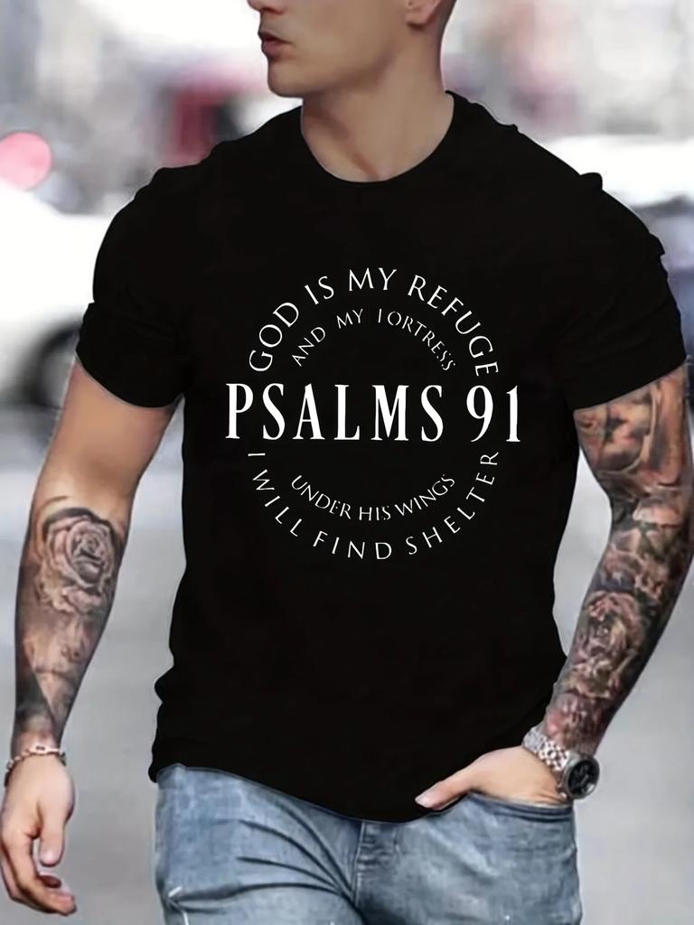 Summer Men's T-shirt 100% Cotton Loose T-shirt Trendy Letter Psalm 91 Letter Ring Print Casual Round Neck Short Sleeve T-shirt