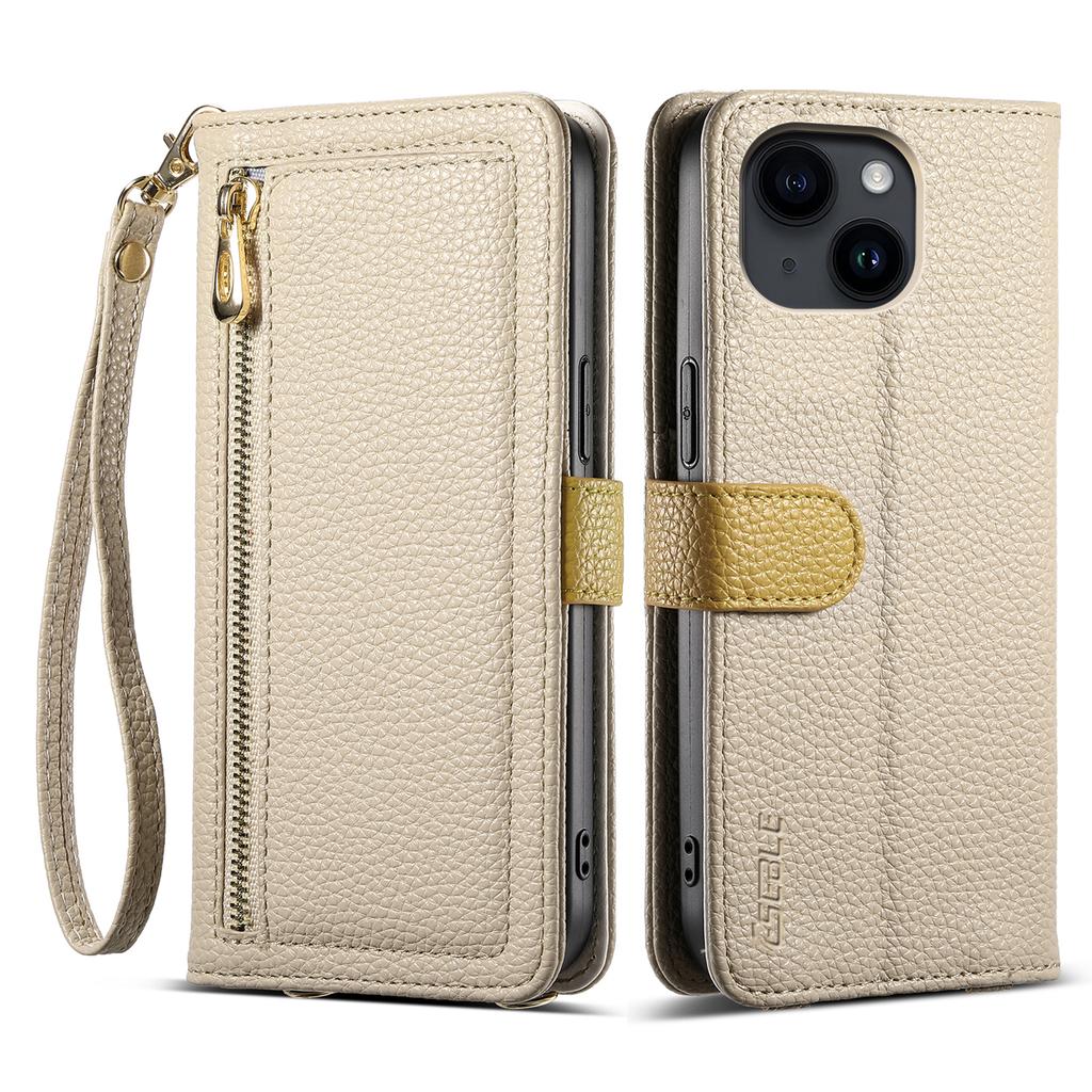 ESEBLE E11 For iPhone 15 Plus/14 Plus Case Zipper Pocket Litchi Texture Leather Phone Cover with Mirror and Wrist Strap