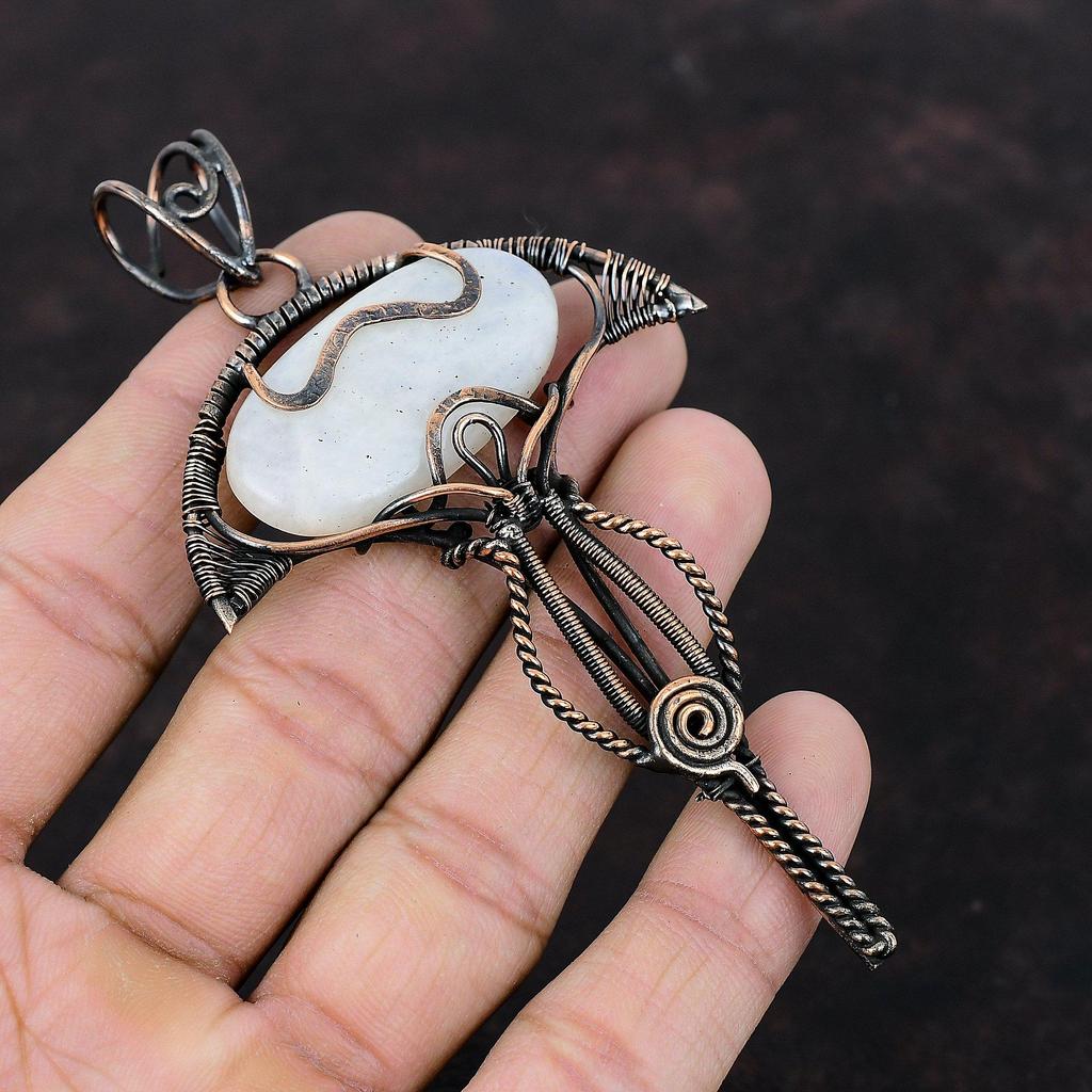 Подвеска с радужным лунным камнем, подвеска из медной проволоки, изящная подвеска, подвеска с драгоценным камнем, подвеска ручной работы, красивое медное ювелирное украшение, подарок для нее