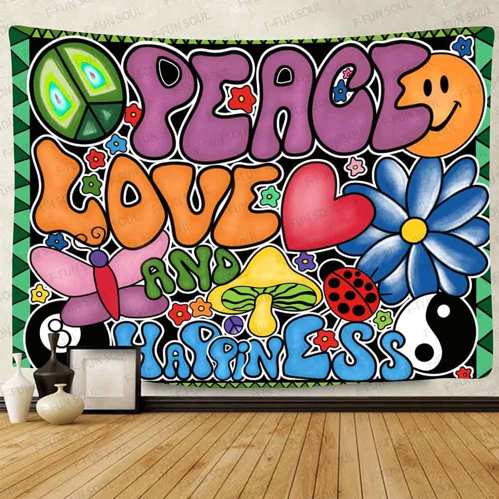 F-FUN SOUL Peace Love and Happiness Tapestry Groovy Tapestries, 40x30inches, 70s Theme Tapestries Hippie Aesthetic Tapestry Wall Hanging for Bedroom