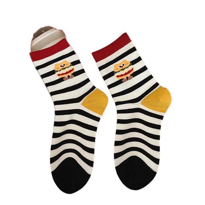 2 пары хлопковых носков без эластана на осень и зиму, детские носки из гребенного хлопка с рисунком чипсов, гамбургеров, собак, средней длины, для студентов
