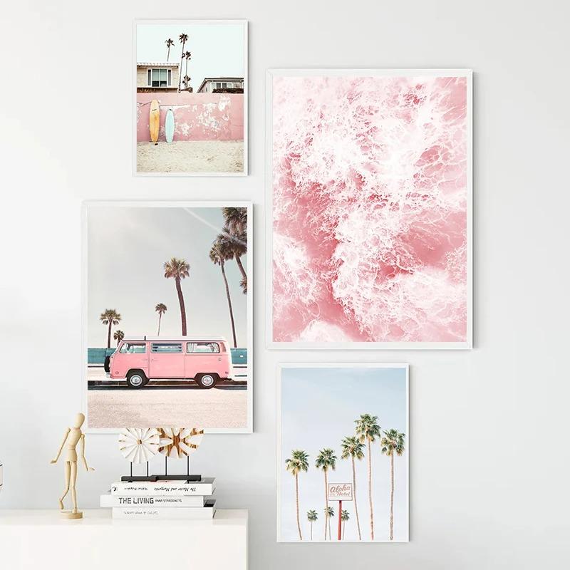 Pink Nordic Summer Holiday Travel Beach Surf Ocean Art Poster Canvas Painting Wall Art for Living Room Bedroom Home Decoration