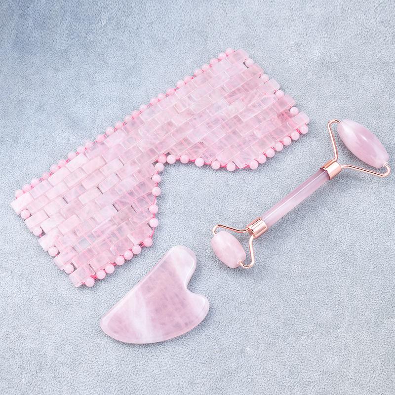 Natural Rose Quartz Cold Therapy Eye Mask Jade Roller Gua Sha Massage Face Eye Relax Stone Sleep Mask Jade Massager With Box