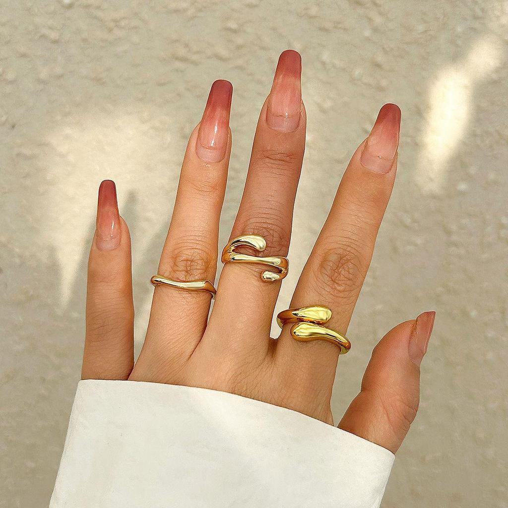 European & American Metal Texture Ring Set: Smooth, Exaggerated Geometric Open Rings for Women