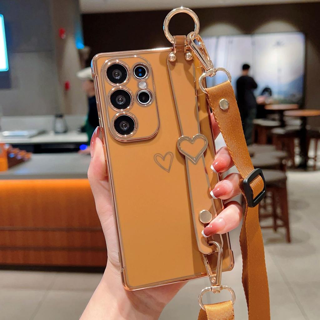 Гальваническое покрытие Любовь Подходит для чехла для мобильного телефона Samsung S25 Ultra S24FE Ремешок на запястье Подставка Шнурок A56 Защитный чехол