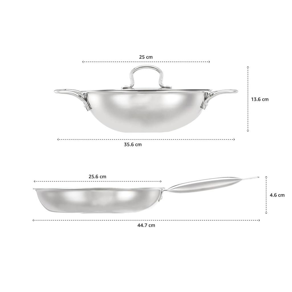 Набор посуды из трехслойной нержавеющей стали, 2 предмета (Кадхай/Вок с крышкой-24 см, Сковорода-24 см) Подходит для индукционных и газовых плит
