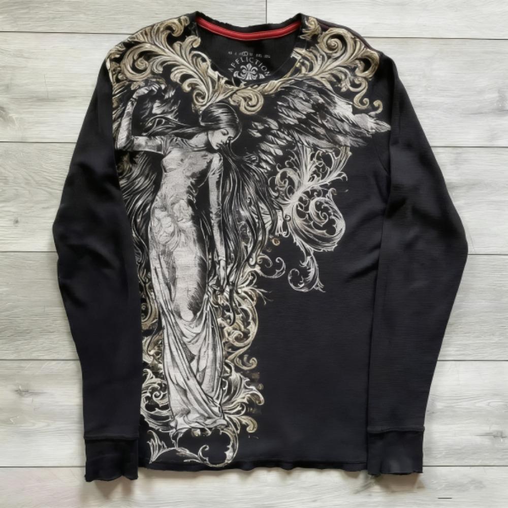 European Style Gothic Printing Long Sleeved T-shirt Fashion Round Neck Oversized T-shirt Men Casual Tops Women Streetwear