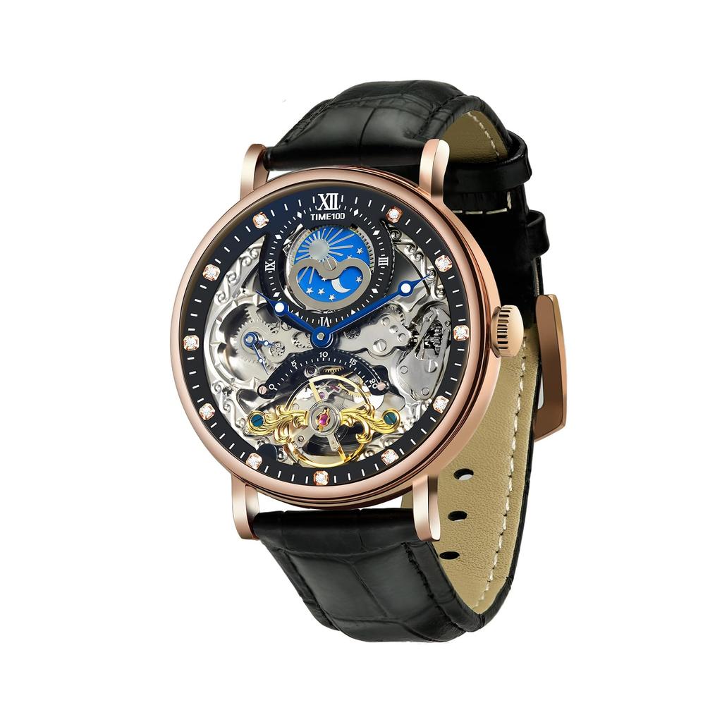 TIME100 роскошные автоматические часы скелетон механические из нержавеющей стали с ремешком из натуральной кожи водонепроницаемость 50 м мужские (Розовое золото)