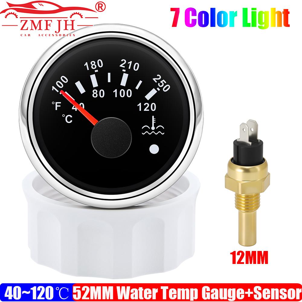 7 Color LED 52MM Water Temperature Gauge + Water Temp Sensor 12MM,14MM,16MM,17MM,21MM for Marine Boat Yacht Car Flash Warning