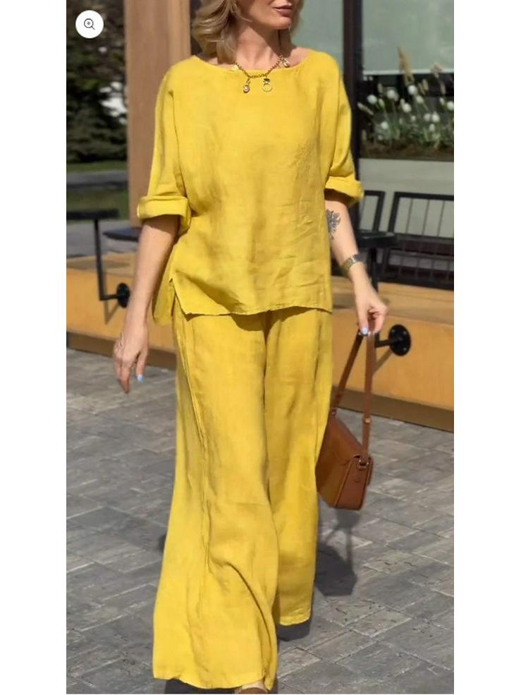 2024 Women's Summer Cotton & Linen Solid Color Casual Suit with Loose Trousers