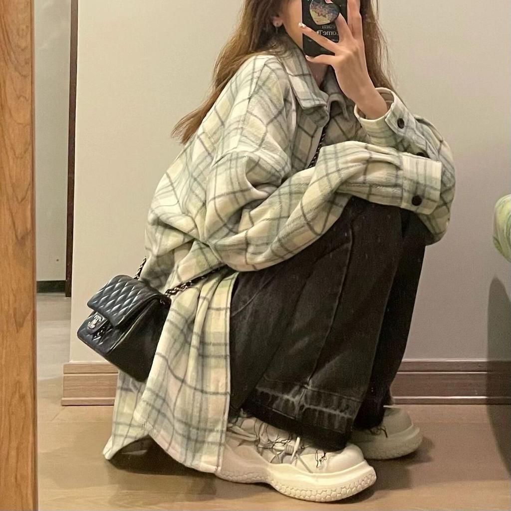 Long Sleeve Plaid Loose Fit Cotton Shirt For Women
