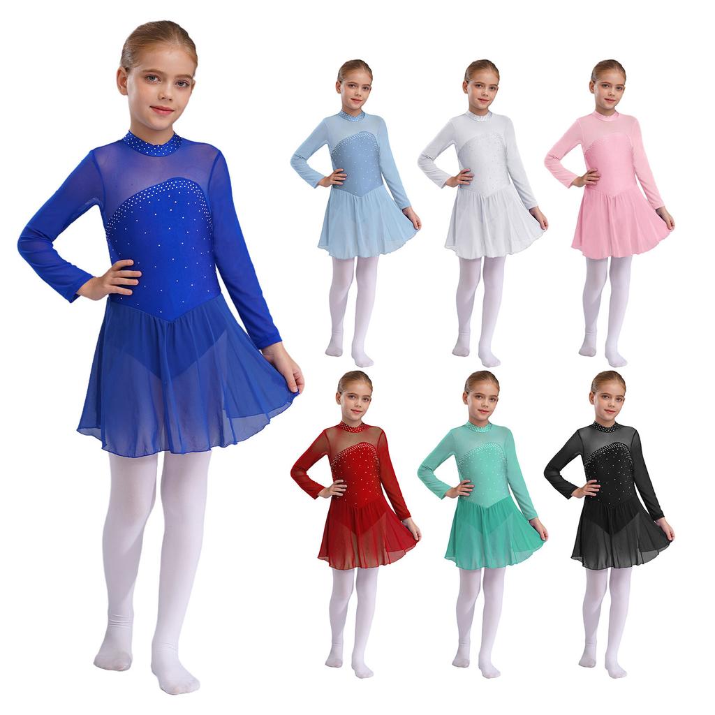 Shiny Rhinestones Dance Leotard for Girls Sheer Mesh Long Sleeves with Keyhole Back Figure Skating Ballet Dress