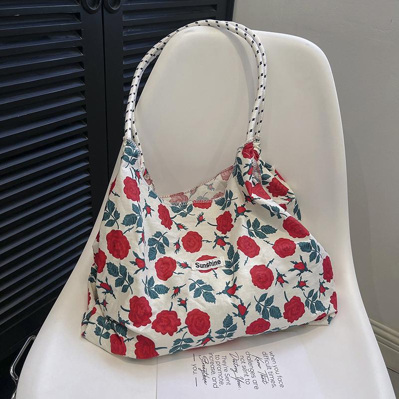Floral Canvas Tote Bag Large Capacity Casual Shopper For Daily Use