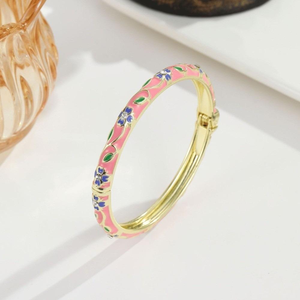 Metal Cloisonne Bracelet Retro Enamel Flower Bangle Closed End Enamel Bracelet Ethnic Style