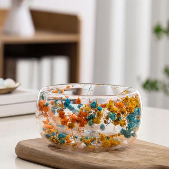 300 мл Стеклянная миска Двустенная миска из боросиликатного стекла с сухоцветами Художественная декоративная миска для подачи супа, десерта