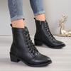 Fashion Women's Shoes 2024 New Side Zipper Women's Boots Autumn Pointed Toe Solid Short Barrel Chunky Heels Large Size Lace Up Boots