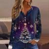 Женская футболка с рождественским принтом на пуговицах с длинным рукавом, повседневная, выходного дня, модная, базовая, с V-образным вырезом, обычная