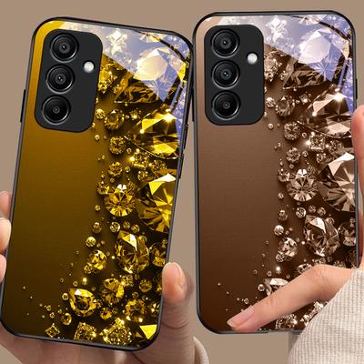 Чехол для телефона из черного закаленного стекла с полными бриллиантами для Samsung Galaxy A15 5G 54 4G 51 50 24 35 90 71 12 51 53 52S 80 22 34