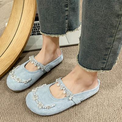Модные туфли-балетки Baotou Женские модные с круглым носком, с мелким вырезом, из фланели, со стразами и бисером, на мягкой подошве, нескользящие тапочки