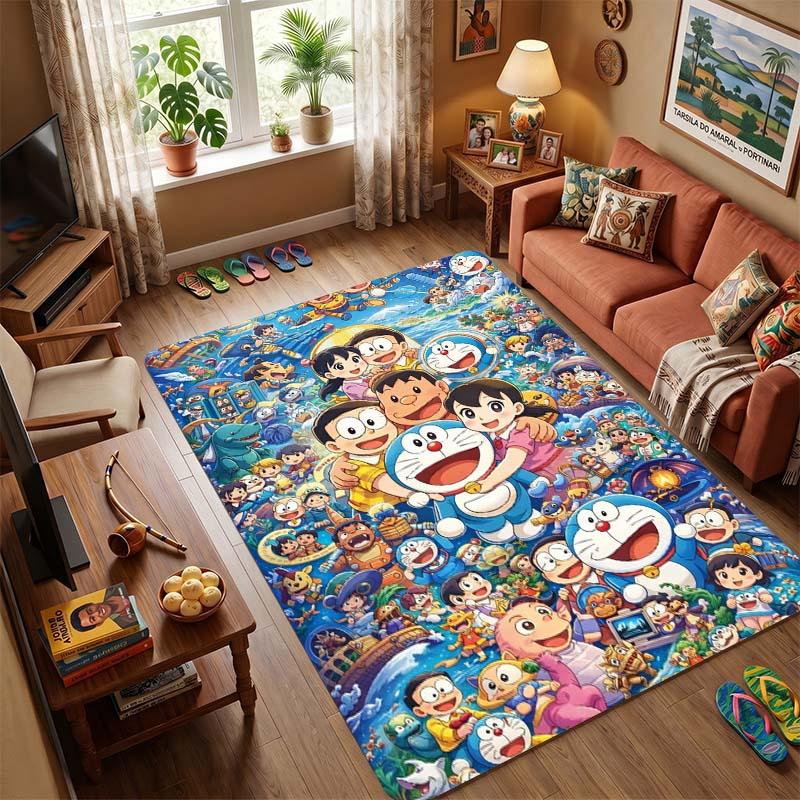 Doraemon & Friends Flying with Bamboo-Copter Area Rug, Non-Slip Floor Mat with Anime Print, Durable Carpet for Kids Bedroom