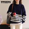 Осенне-зимний свитер свободного кроя с круглым вырезом в студенческом стиле, вязаный свитер для женщин, повседневный свитер в полоску для женщин