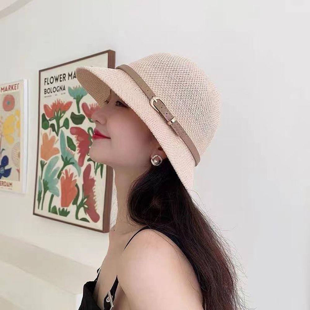 Hats Travel Sun Hats Women Sunscreen Hats PU Leather Belt Summer Bucket Hats Outdoor Straw Hats