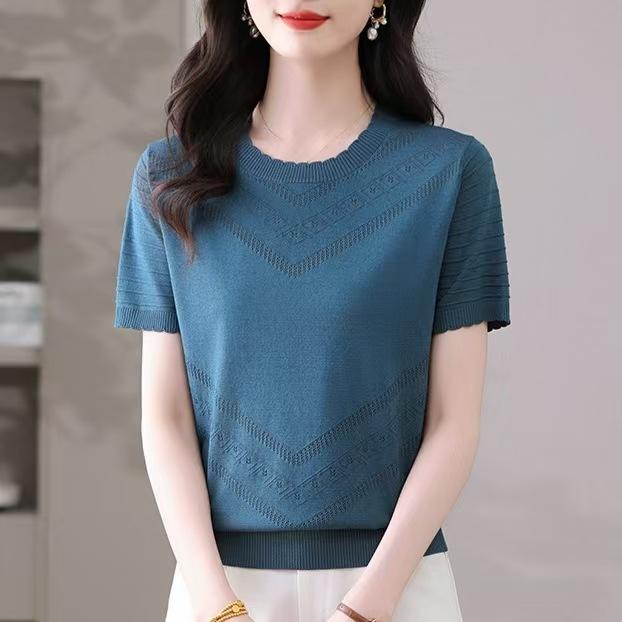 Летняя женская трикотажная футболка с круглым вырезом и ажурными вставками из ледяного шелка, с короткими рукавами, свободный топ