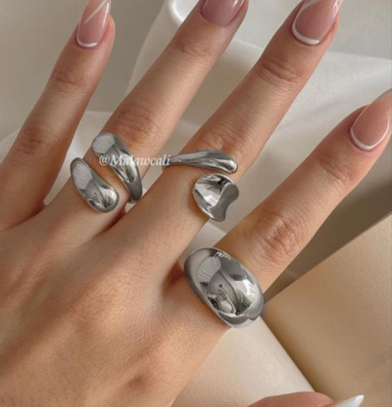 European & American Metal Texture Ring Set: Smooth, Exaggerated Geometric Open Rings for Women