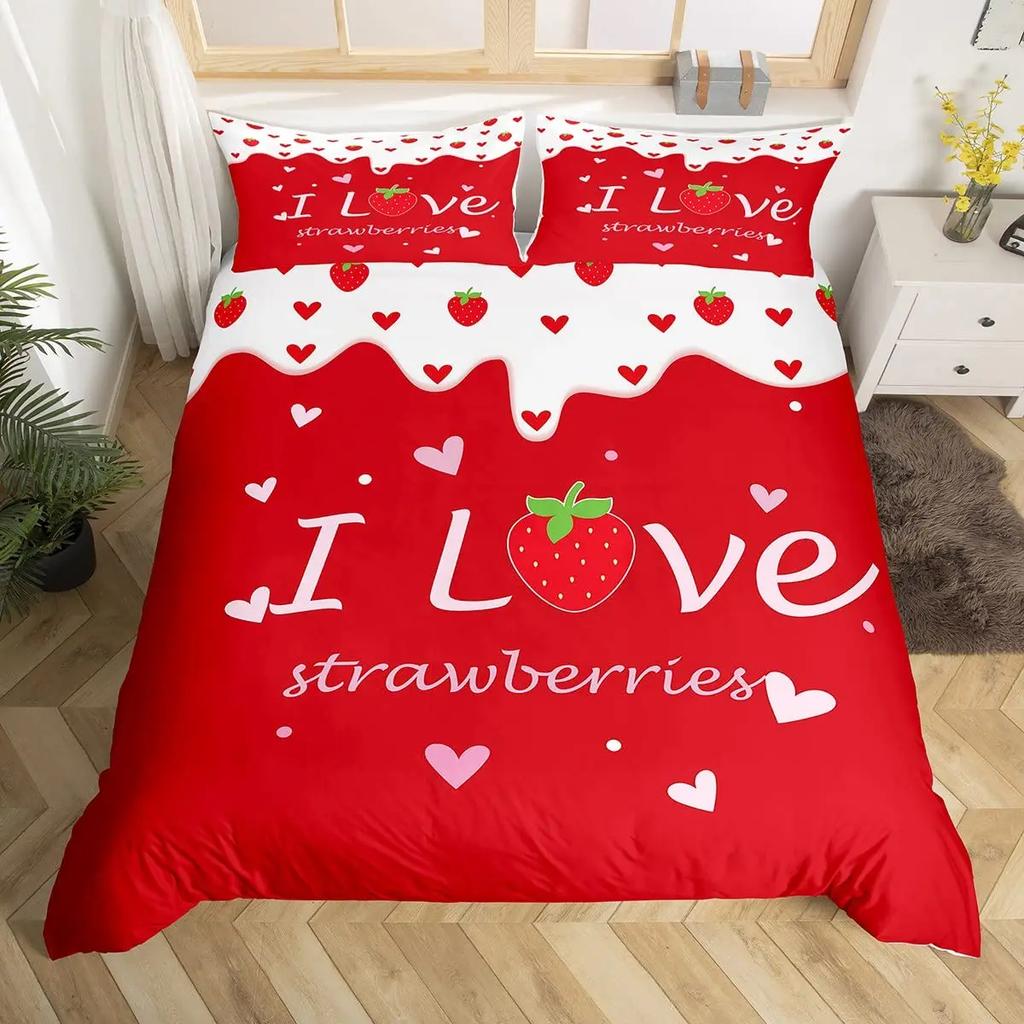 Strawberry Duvet Cover SetRed Strawberry Bedding Set For Girls Cute Black White Geometric Plaid Grid Comforter Cover Full Size