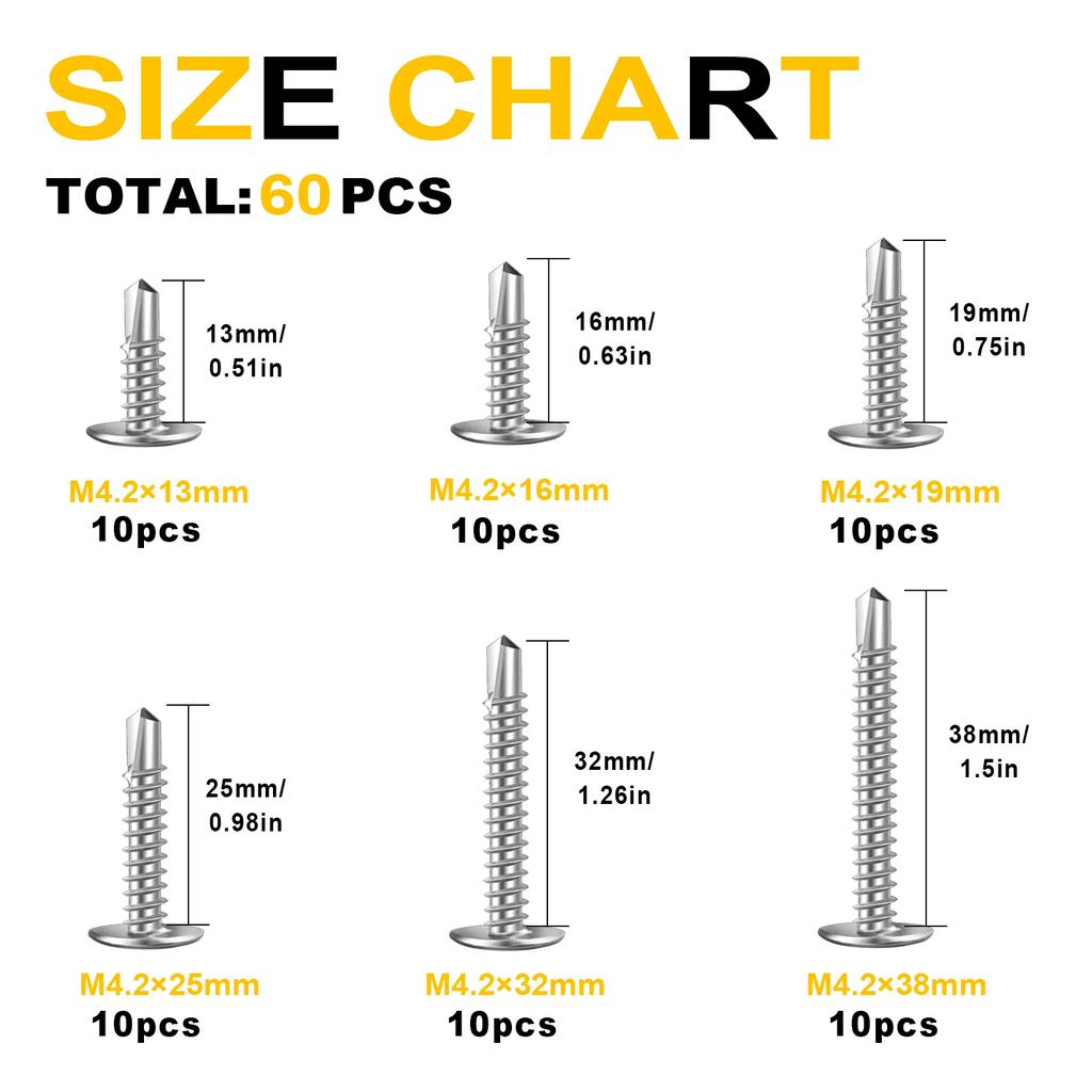 VKKM - Саморезы M4.2, 60 штук из нержавеющей стали 410, Длинное покрытие, Выбор платформы, Надежное крепление.