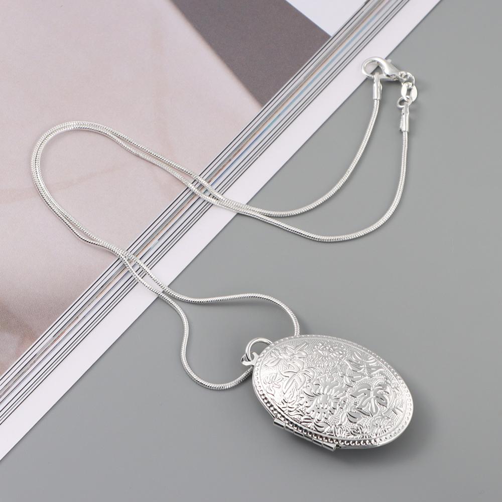 Fashion Sanke Chain Women’s Necklace Photo Locket Round Box Pendant Silver Plated