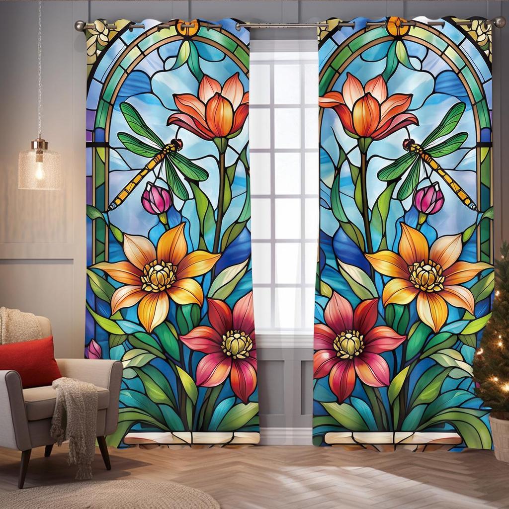 Dragonfly Pattern Glass Painted Blackout Curtains - Thickened Polyester, High Precision Sun Protection