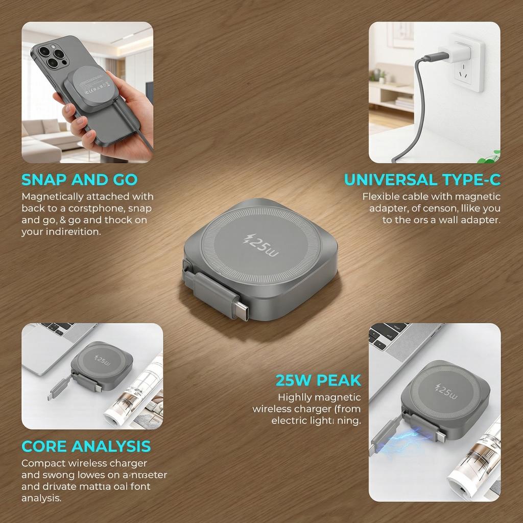 25W Pocket Magnetic Wireless Charger for iphone 16 /17 Type c Charging Adapter with Retractable Cable CE RoHS FCC Certificated