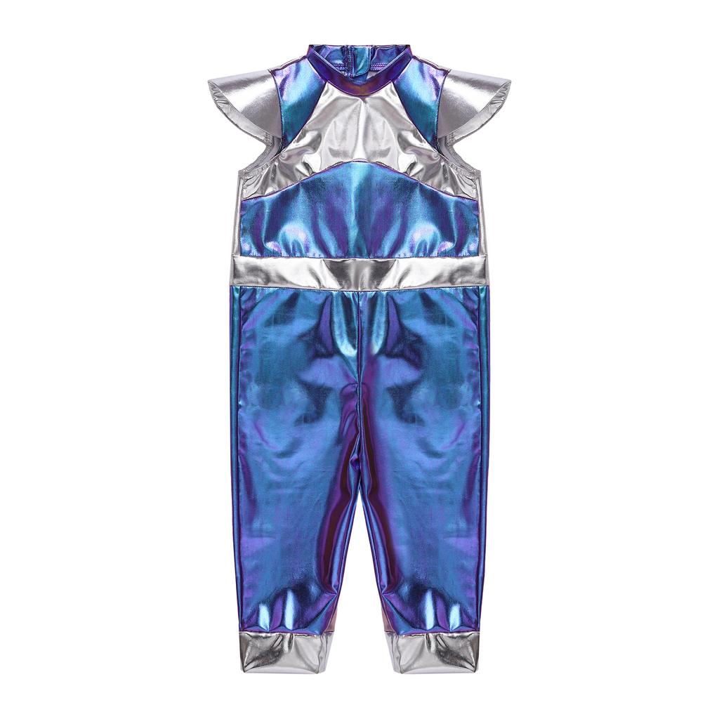 Baby Girls Color Block Alien Jumpsuit Cap Sleeve Zipper Back Metallic Romper Photography Cosplay Halloween
