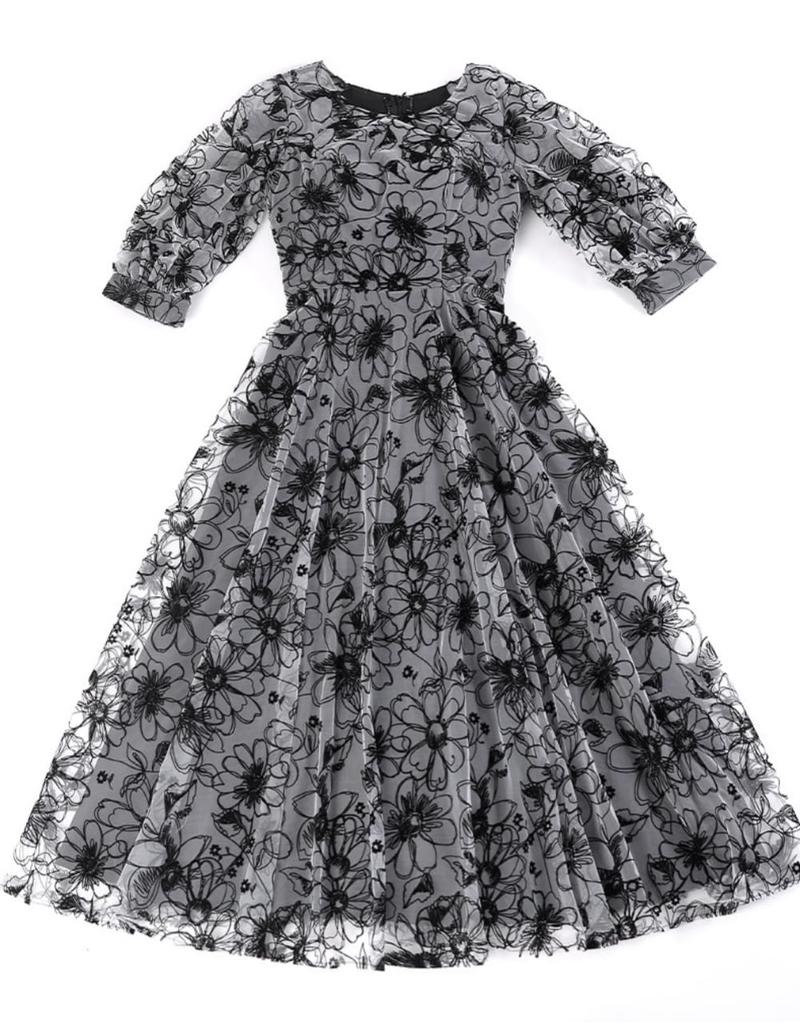 MATSUMIZUYU Платье женское с цветочным принтом, идеально для вечеринки и по размеру, на подкладке, А-силуэта, длинное, элегантное, формальное, с высокой талией, рукава 3/4, с лентой,