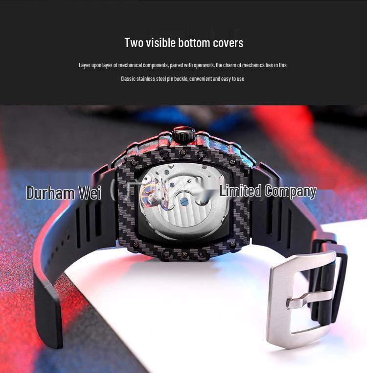 Мужские часы Durham Weida Tonneau Skeleton Tourbillon с автоподзаводом и резиновым ремешком.