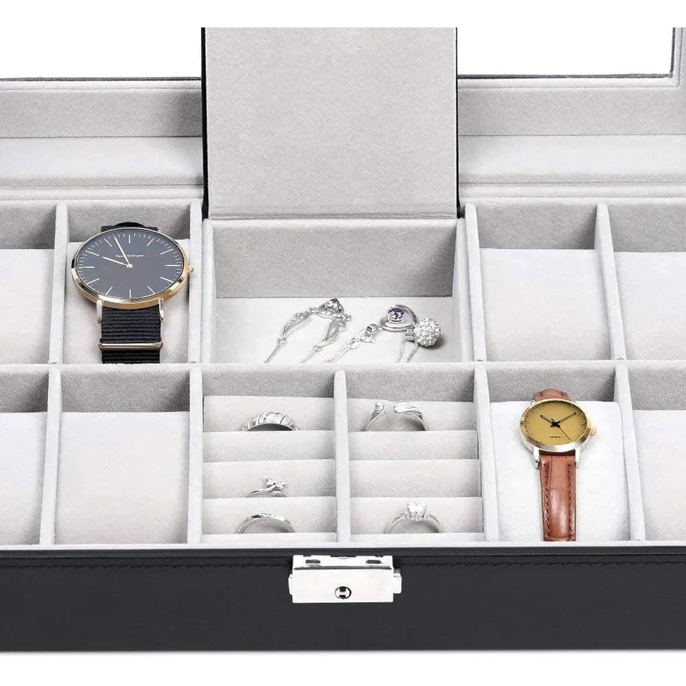8 Slot Watch Box Cases Jewelry Storage Box Organizer for Men Women PU Leather Lockable Watch Holder with Ring