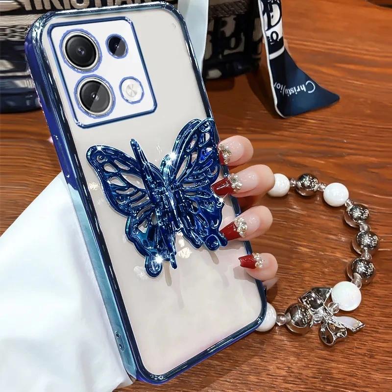 3D Butterfly Phone Holder Bead Bracelet Glitter Plating Case for Xiaomi Redmi Note 13 12 11 10 9 8 11S 10S 9S Pro Plus 4G 5G