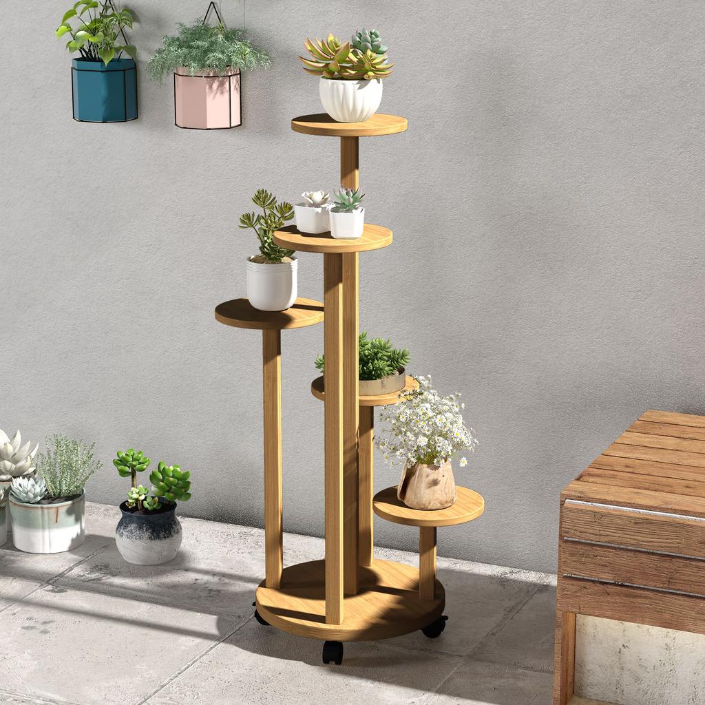 Bamboo Plant Shelf Round Flower Shelves Flower Pot Stand 5 Levels Natural Wood