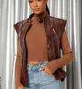 Коричневый кожаный жилет для вечеринок, пальто в стиле вестерн из овчины, стильное пальто-жилет для женщин