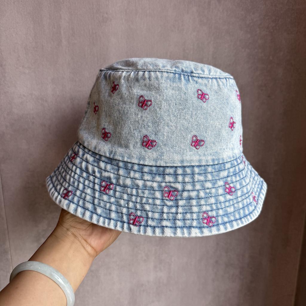 Summer Sun Shade Bucket Hat With Cotton Denim Material And Embroidered Cartoon For Women