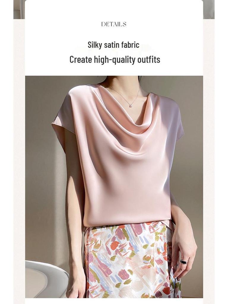 Women's Plus Size Cowl Neck Ice Silk Short Sleeve Loose-Fit Top