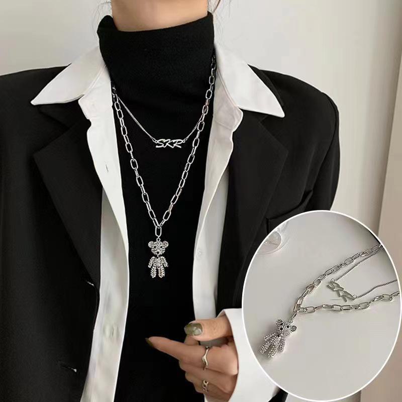 Women's Trendy Hip-Hop Bear Double-Layer Sweater Necklace - 2025 Autumn/Winter Niche Design