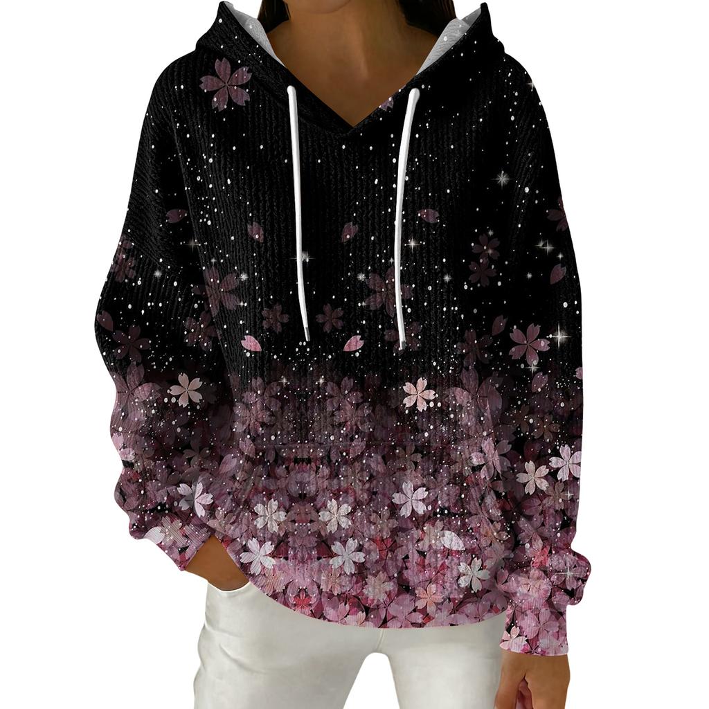 Women's Fashion Casual Floral Print Pullover Long-Sleeve Hooded Sweatshirt