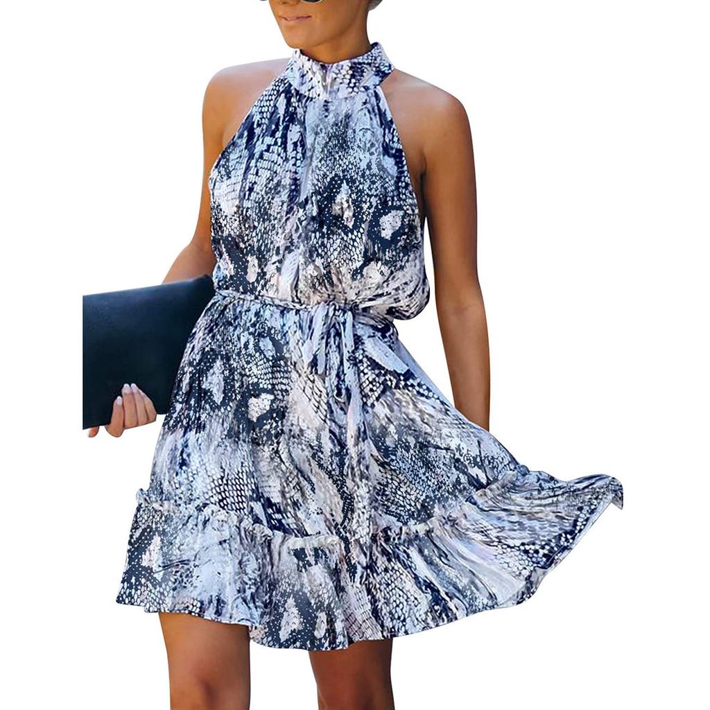 Women's Fashion Sleeveless Neck Tie Waist Floral Print Chiffon Dress