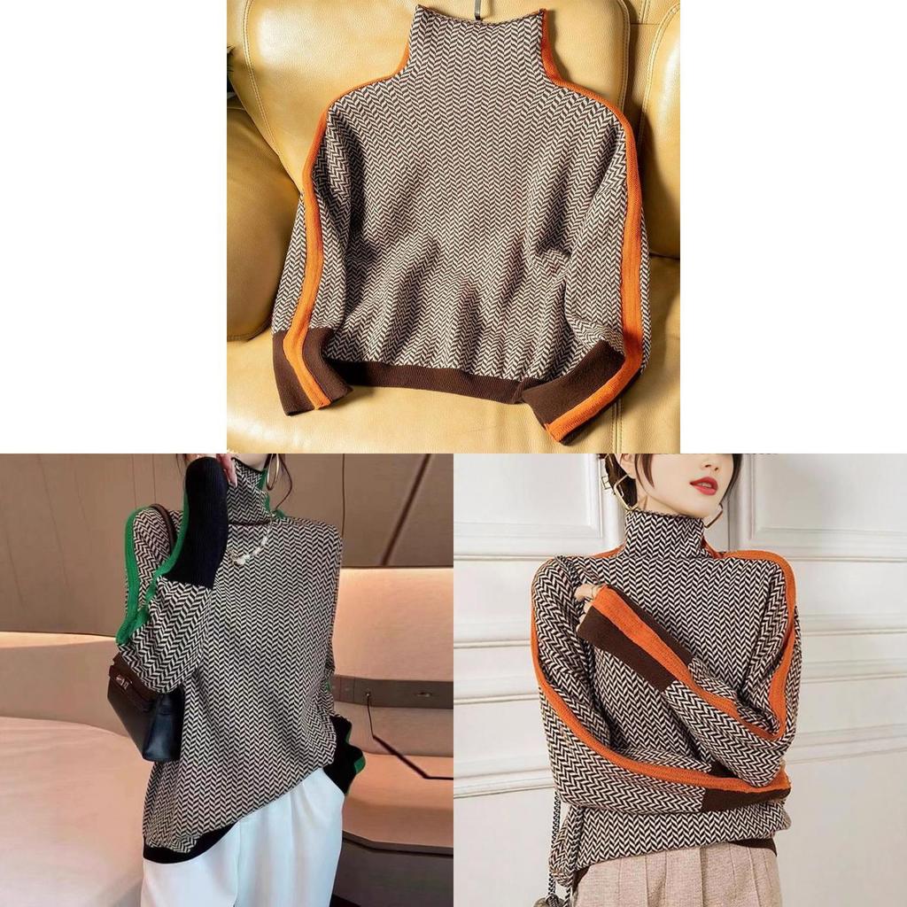 Geometric Pattern Knit Sweater With Color Block Edges For Women Fall